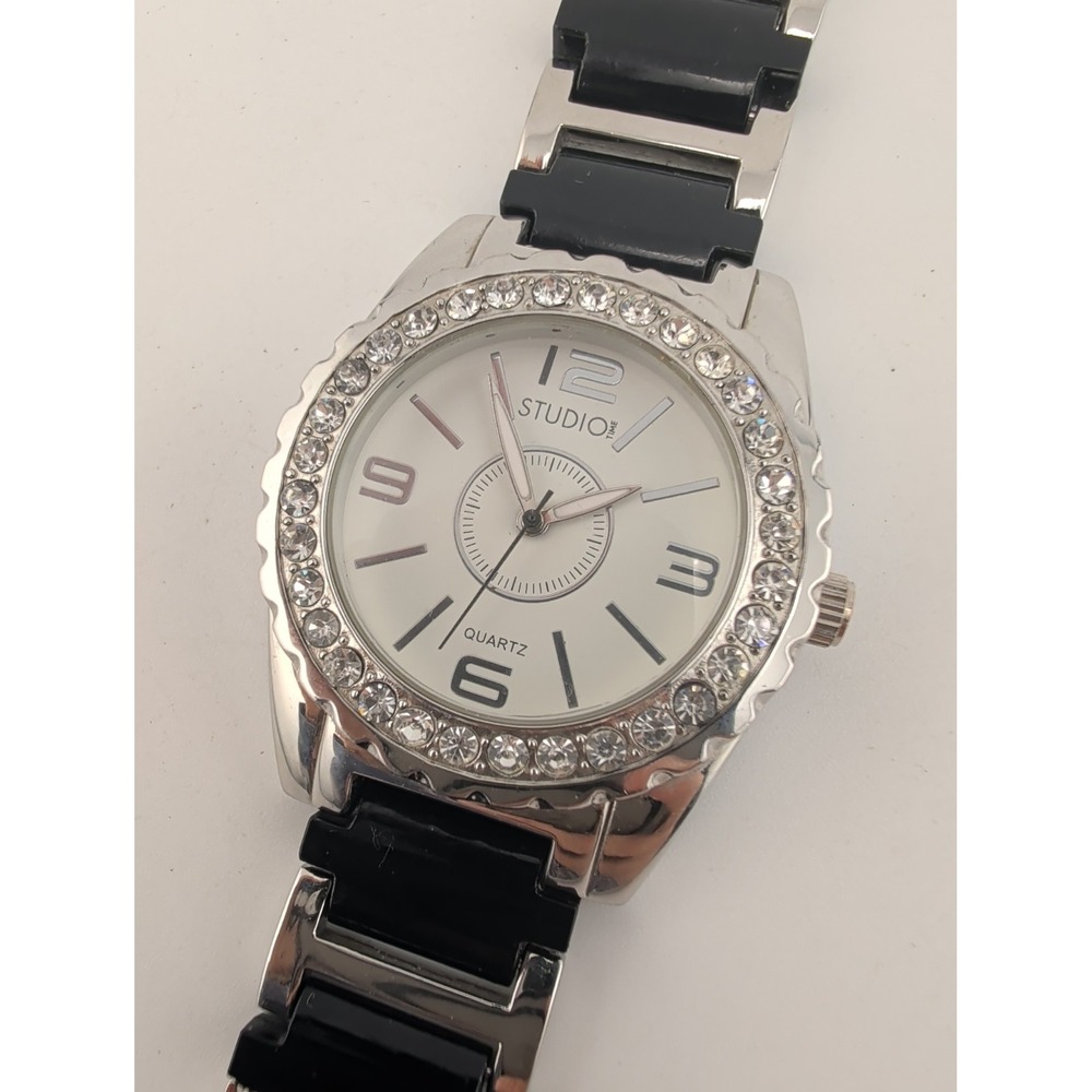 Studio Time Women's Watch 37mm Case Crystals Black/Silver 6.75" Band New Battery